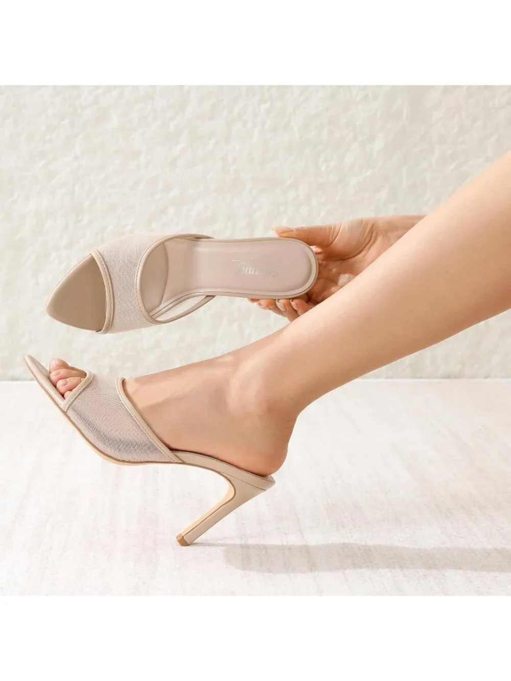 Women's Nude Mesh Summer Mule High Heels Slip on Pointed Open Toe Sexy Heeled